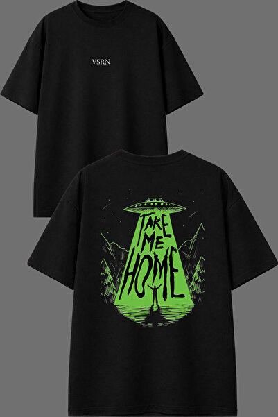 VSRN Μπλουζάκι με στάμπα Take Me Home Design, μπροστά και πίσω, μαύρο, oversized