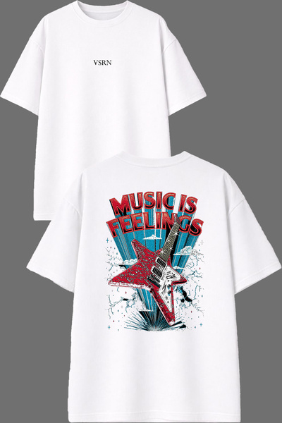 VSRN Music Feel Design Front and Back Printed White Oversize T-Shirt