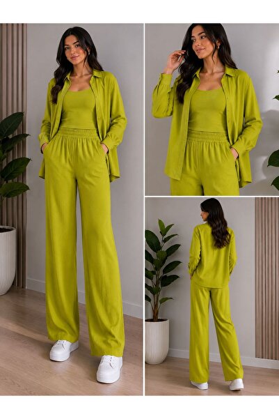 Pozitif Ayrobin Fabric 3-Piece Comfortable Cut Set - Shirt, Strappy Tank Top ...