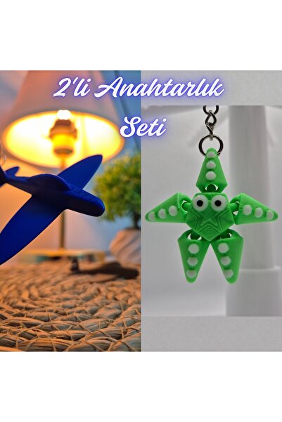 3DAtölyeMaker Blue Airplane and Green Moving Starfish Keychain