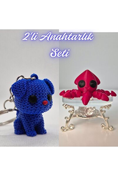 3DAtölyeMaker Blue Knitted Patterned Dog and Fire Engine Red Squid Keychain