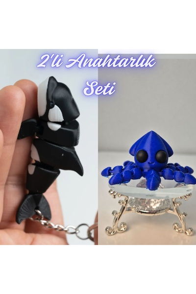 3DAtölyeMaker Black Flexible Whale and Blue Squid Keychain