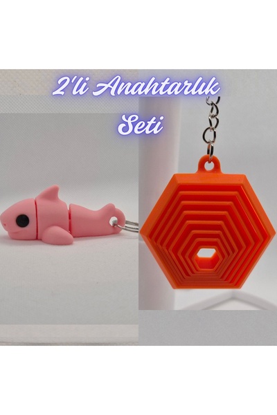 3DAtölyeMaker Light Pink Flexible Shark and Orange Moving Hexagon Keychain