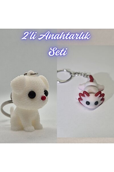 3DAtölyeMaker White Knitted Patterned Dog and Light Pink Flexible Axolotl Key...