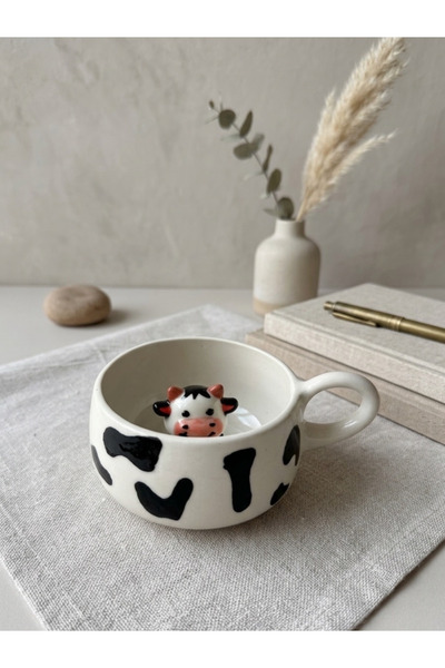 Agartceramic İnek figürlü el yapımı stoneware seramik kupa 300 ml