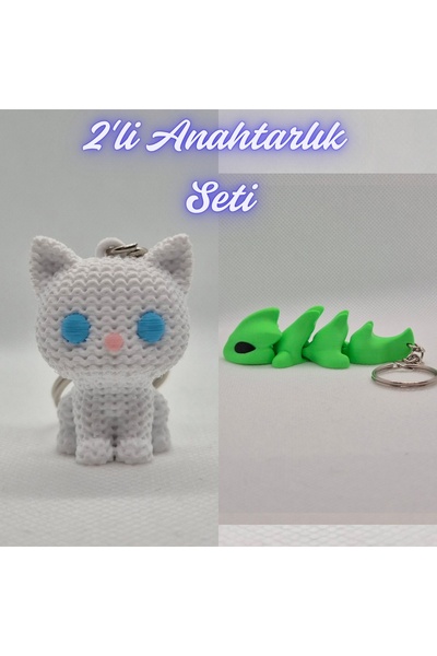 3DAtölyeMaker White Knitted Patterned Cat and Green Flexible Dragon Keychain