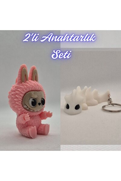 3DAtölyeMaker Light Pink Labubu and White Flexible Dragon Keychain