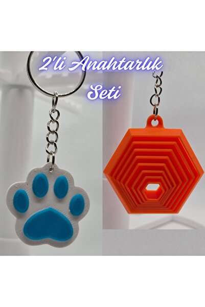 3DAtölyeMaker Light Blue Cat Paw and Orange Moving Hexagon Keychain