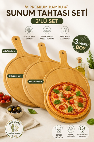 legna 3’lü Premium Bambu Sunum Tahtası Seti – Pizza, Kahvaltı ve Servis Tahtası