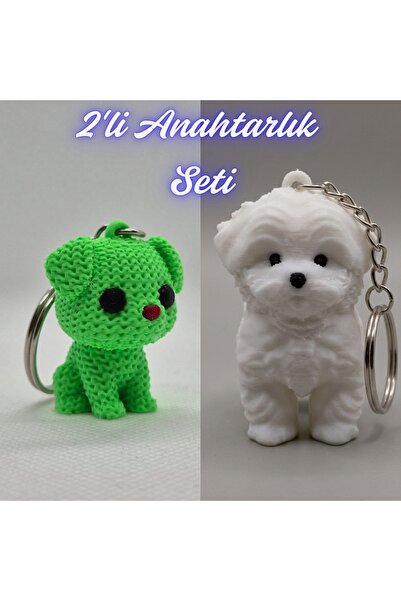 3DAtölyeMaker Light Green Knitted Patterned Dog and White Maltese Terrier Key...