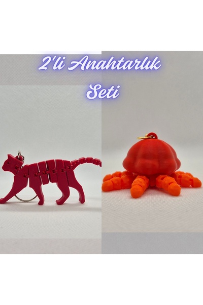 3DAtölyeMaker Fire Engine Red Flexible Cat and Orange Moving Jellyfish Keychain
