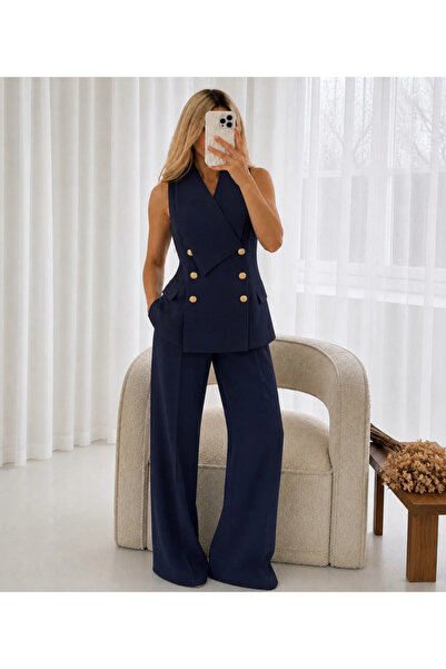 Ekim Store Kruvaze Yaka Gold Düğmeli Yelek Pantolon Blazer Takım