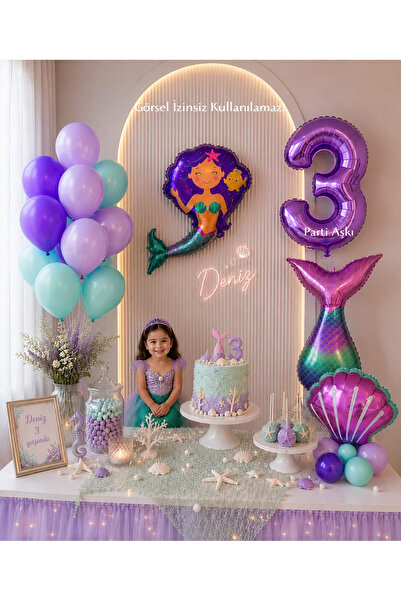PARTİ AŞKI Pırıltılı Deniz Kızı 5'li Doğum Günü Balon Seti & Kız Çocuk Doğum ...