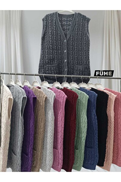 HACERLİ Smoked Mother's Vest and Buttoned Knitted Vest with Collar Pockets