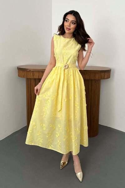 Generic Brand Yellow 3D Embroidery Detailed Dress