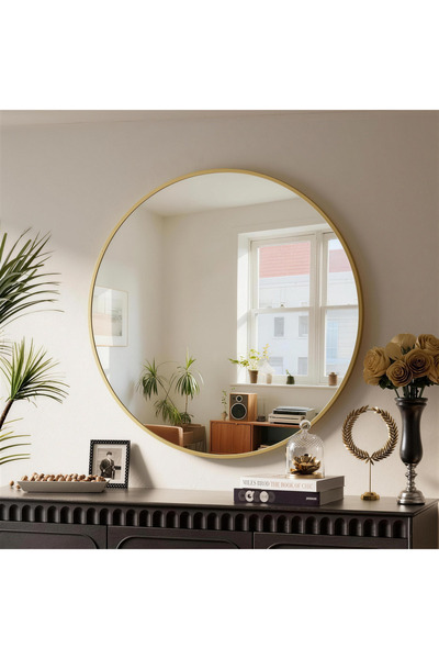 GoldenLike Round Wall Mirror with Golden Frame – 60×60 cm
