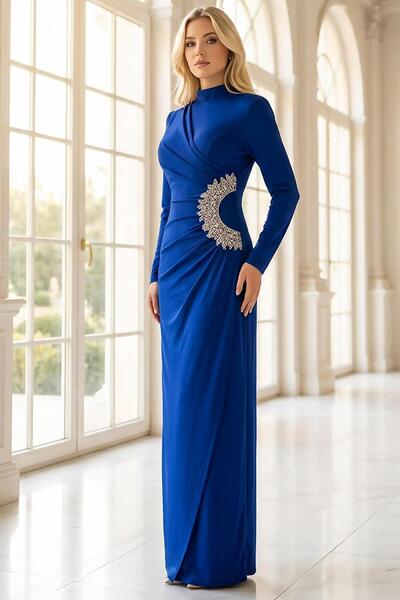 SUBU TASARIM Pile Detailed Stone Embroidered Lined Plus Size Hijab Evening Dr...