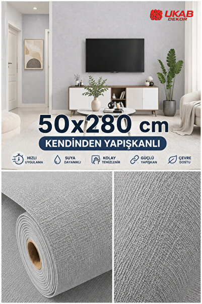 UKAB DEKOR 1 Adet 50x280 cm (1,4 m²) Gri Keten Dokulu Kendinden Yapışkanlı Si...