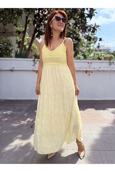 DenizEge Italian Bohemian Lined Strappy Lace Dress Yellow