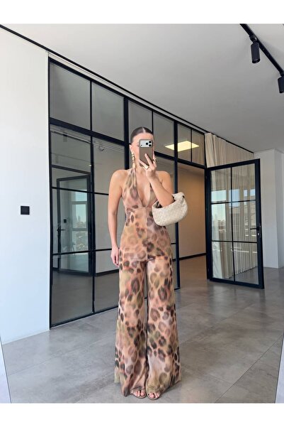 BB Bensu Buyruk Leopard Printed Tulle Jumpsuit with Low-Cut Chest and Back