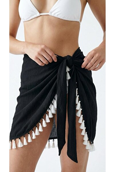 Eight Fashion Pareo Black and White Tasseled Beach Wear
