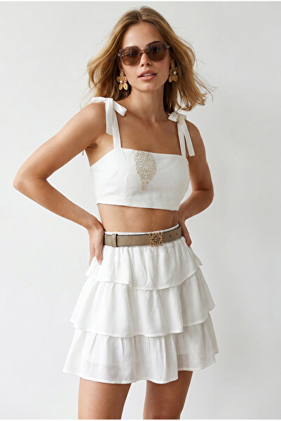 Olalook Women's White Layered Crinkle Skirt with Shorts Etk-19000434
