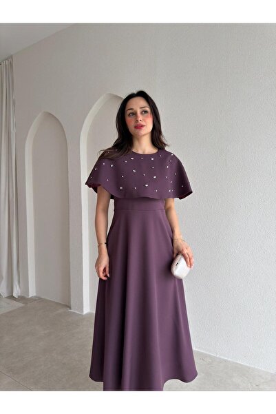 Mooi Butik Tate Stoned Cape Midi Dress 4387 - Purple
