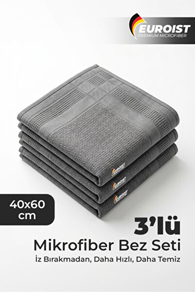 euroist 3 ADET Mikrofiber Cam Bezi 40x60 cm Gri | İz Bırakmaz, Tüylenmez, Çok...