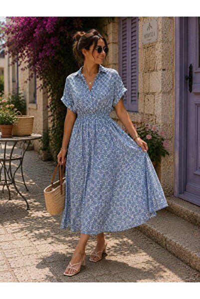 Wear Up Women's Shirt Collar Elastic Waist Floral Printed Dress