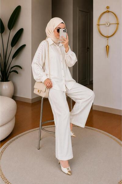 Sfg Life Moda Women's Stone Detailed Waist-Tie Loose Linen Shirt and Trousers...