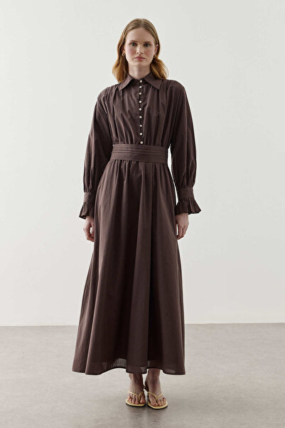 Fahhar Cotton Wide Belted Dress Brown