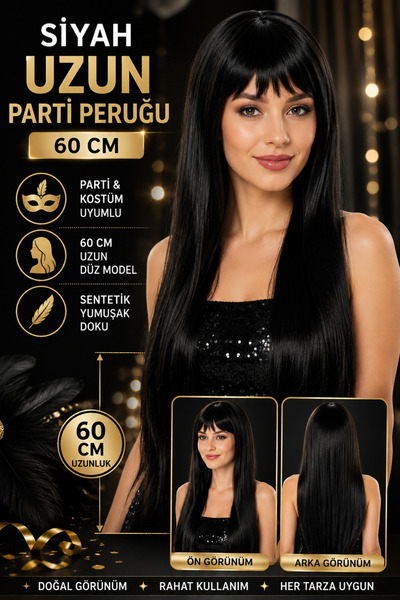 Tamsena Store Siyah Uzun Parti Peruğu 60 CM Düz Model Sentetik Takma Saç Yeti...