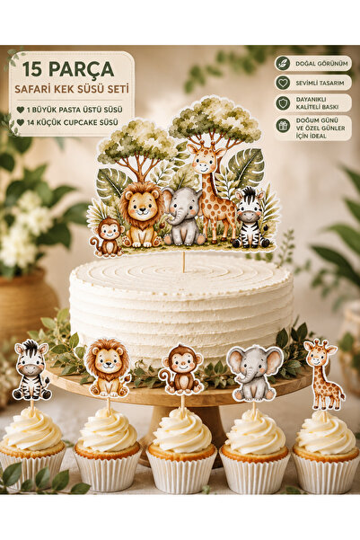 BieneGift 15 Parça Safari Kek Süsü Seti, Safari Cupcake Süsü, Pasta Üstü Deko...