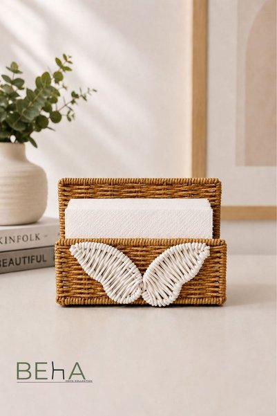 BehaHome Handmade Rattan Wicker Napkin Holder – Bohemian & Modern Desktop Napkin Organizer