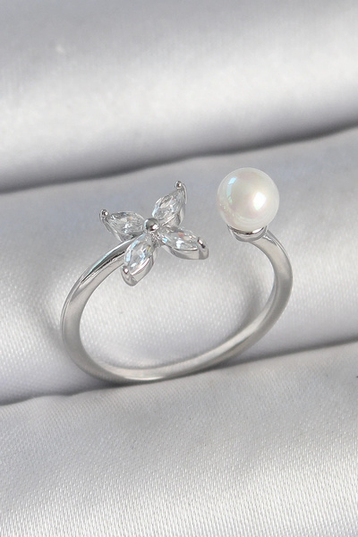 USLUCAN ALIŞVERİŞ Brass Silver Color Zircon Stone Flower Model Pearl Detail A...