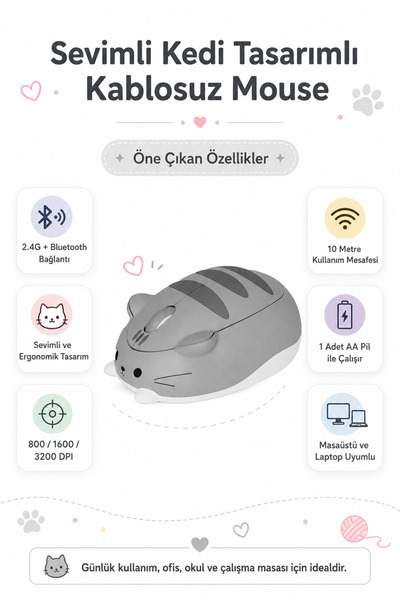 Zilvana Sevimli Kedi Tasarımlı Kablosuz Bluetooth Gri Mouse (Taşıma Kılıfı He...