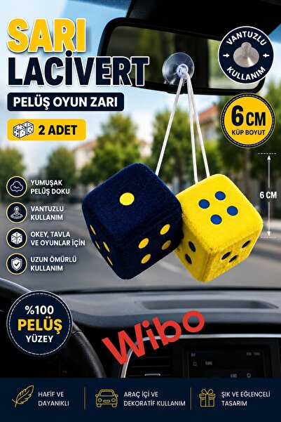Wibo Peluş Oyun Zarı Vantuzlu Dikiz Aynası Süsü Sarı Lacivert 2 Adet 6 Cm