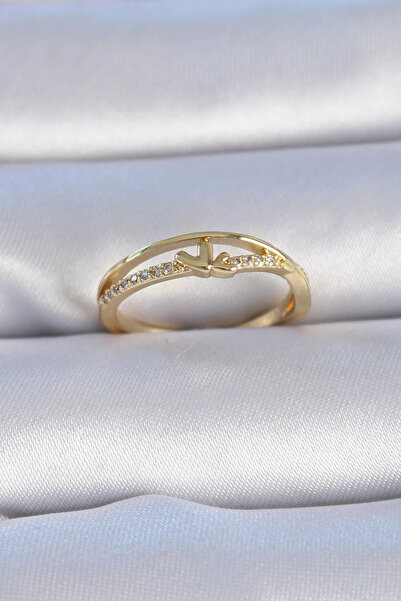 USLUCAN ALIŞVERİŞ Brass Gold Color Zircon Stone Heart Model Women's Ring