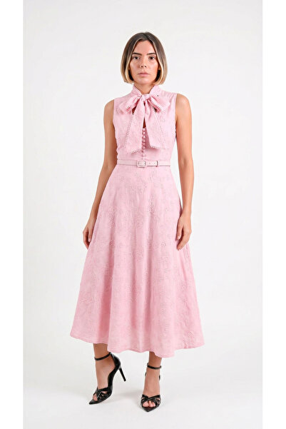 Caddebostan Moda Embroidered, Belted, Halter Neck, Sleeveless, Summer Midi Dress