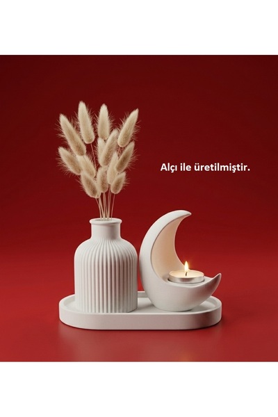 CANSEB Elegance Özel İşçilik Hilal Mumluk & Pampas Vazosu Seti ( Tealight Mum...