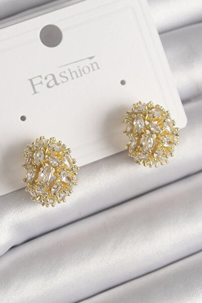 USLUCAN ALIŞVERİŞ Brass Gold Color Zircon Stone Women's Earrings