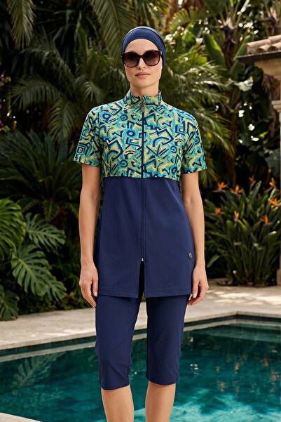 Haliç Mayo Short Sleeve Sporty Lycra Semi-Closed Swimsuit 6569 Dark Navy Blue