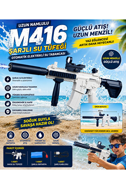 TRUST STORE Uzun Namlulu M416 Şarjlı Su Tüfeği Otomatik 60 cm Elektrikli Su T...