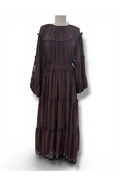 Butik Kahve Rengi Şifon Kumaş İçi Astarlı Belden Bağlamalı Yazlık Elbise Mode...