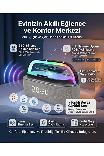 MATECHNO 15W Kablosuz Şarjlı Bluetooth Hoparlör, Dijital Saat, RGB LED Aydınl...