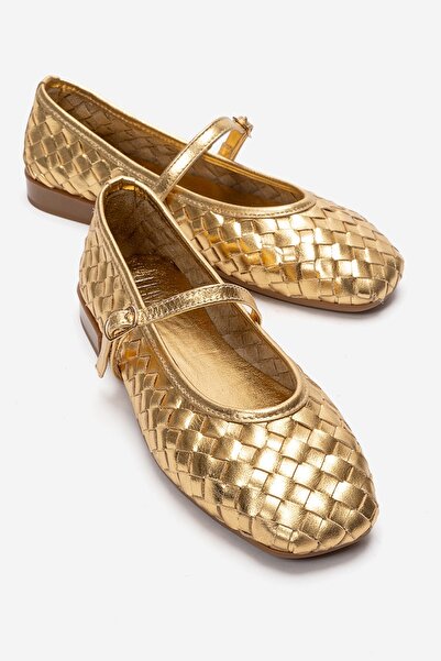 LuviShoes YEVORA Дамски балеринки със златна плетена каишка от естествена кожа