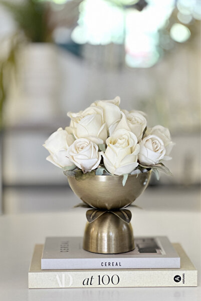 Shura Homeware FLOWERS Vazo Krem Gül Çiçekli Metal Eskitme Vazo