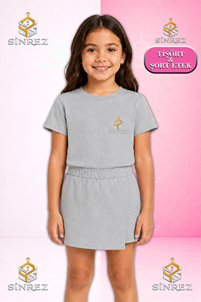 SİNREZ Girls' Set Ust Logo Printed Short Sleeve T-Shirt Shorts Skirt