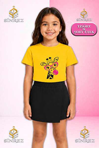 SİNREZ Set pentru fete ZURAFA GOZLUK SAKIZ PEMBE Tricou cu mânecă scurtă impr...