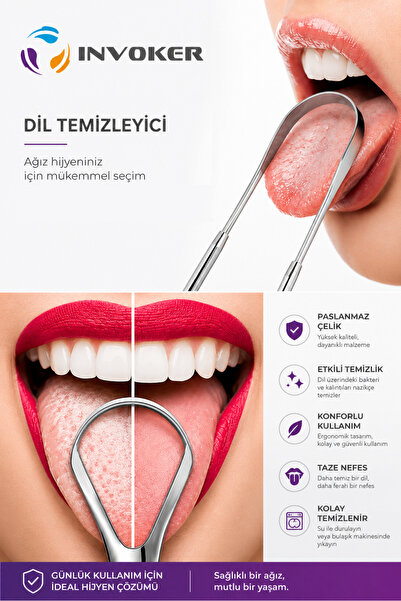 INVOKER Dil Temizleme Aparatı Dil Sıyırıcı Paslanmaz Çelik Ağız Bakım Plak Fırçası 2 li Steril Taşıma Kutulu